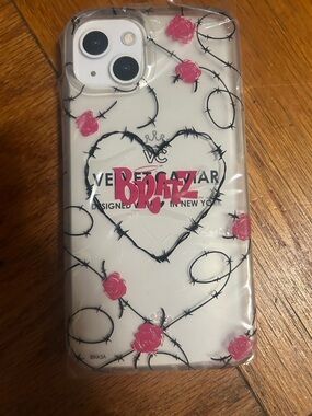 Velvet Caviar IPHONE 14 Bratz Clear Case Pink Rose & Black Barbed Heart Design